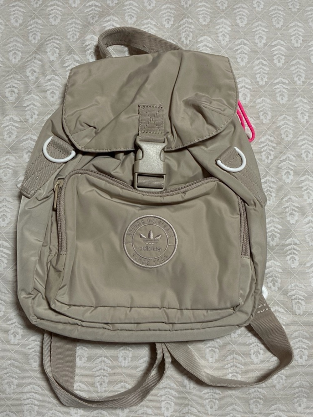 adidas Taupe Mini Backpack with Pink Pull Tab